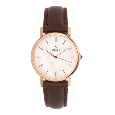 KRAEK Alice Rosé Goud Wit 32 mm | Dames Horloge | Bruin leren horlogebandje | Minimaal Design | Solis collectie
