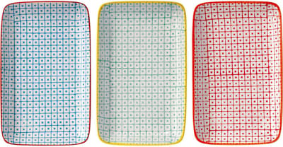 Serveerborden Carla Retro kleine serveerborden vierkant vintage rechthoekig L 19 x B 12 cm, rood blauw groen, keramiek, set van 3
