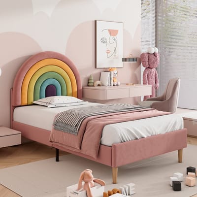 DESMIU Gestoffeerd Bed 90x200 cm – Verstelbaar Hoofdbord met Regenboogdesign – Houten Lattenbodem – Zonder Matras – Jeugdkamer/Slaapkamer – Fluweel – Roze