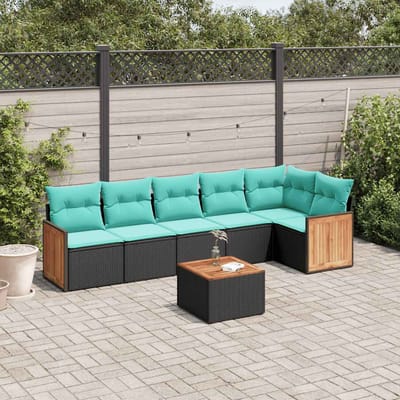 vidaXL - 7-delige - tuinbankset - met - kussens - van - zwart - polyrotan