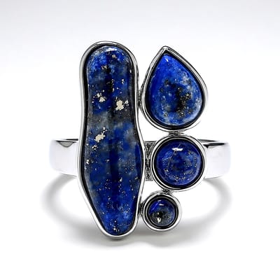 Cavill - Zilveren Damesring - 925 Sterling Zilver Gerhodineerd - 6 ct Lapis Lazuli - Peervormige & Ronde Cabochon - Elegant