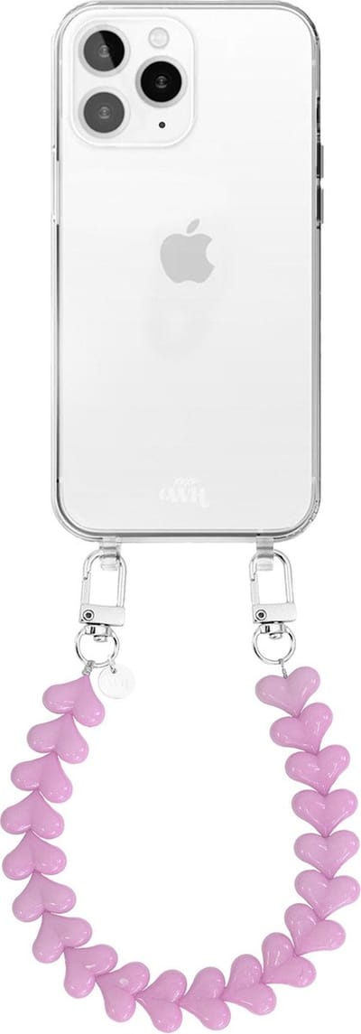 xoxo Wildhearts siliconen hoesje - Geschikt voor iPhone 12 Pro Max hoesje - Funky Hearts - Telefoonhoesje - Hoesje met koord - roze koord - kort telefoonkoord - Hartjes ketting - Transparant hoesje