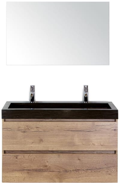 Maxx XL Badmeubelset 100 cm - Natuur Eiken - Wastafel Lucca 2 Kraangaten met Spiegel