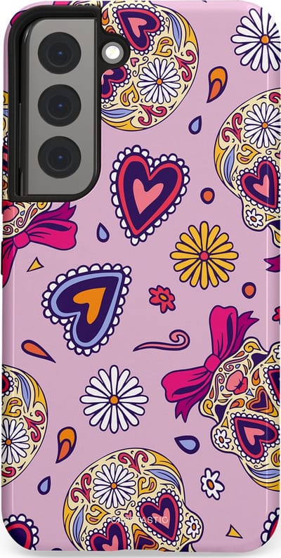 Casetastic hoesje geschikt voor Samsung Galaxy S22 - Dubbellaagse bescherming - Dia de los Muertos Doodshoofd Strik - Fashion Case - Lichtroze Lila Taupe Zilver