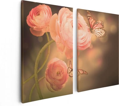 Artaza Canvas Schilderij Tweeluik Twee Roze Vlinders Bij Roze Rozen - 80x60 - Foto Op Canvas - Canvas Print