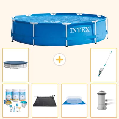 Intex Rond Frame Zwembad - 366 x 76 cm - Blauw - Inclusief Onderhoudspakket - Solar Mat - Grondzeil - Zwembadfilterpomp - Afdekzeil - Stofzuiger - 7-delig