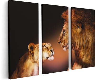 Artaza Canvas Schilderij Drieluik Leeuw En Leeuwin - Kleur - 120x80 cm - Wanddecoratie Woonkamer - Schilderijen - Muurdecoratie