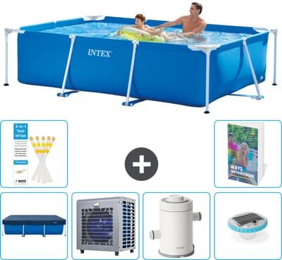 Intex Rechthoekig Frame Zwembad - 260 x 160 x 65 cm - Blauw - Inclusief Afdekzeil - Warmtepomp - Zwembadfilterpomp - Verlichting - 7-delig