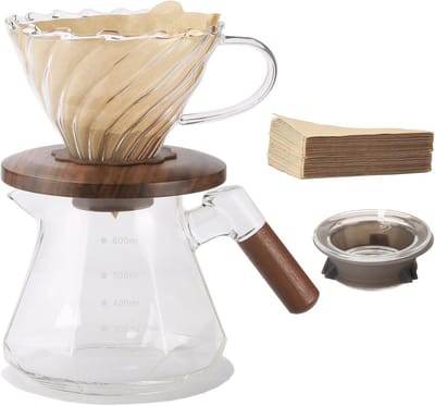 Pour Over Koffiezetapparaat met 600ml Borosilicaatglas en 100 V02 Papierfilters
