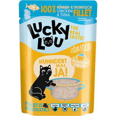 12x70g Lucky Lou Extra Food Kip & Tonijn in bouillon nat kattenvoer