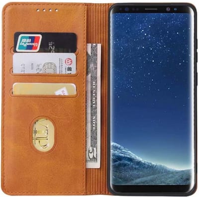 Smartphonica Samsung Galaxy S8 leren hoesje met magnetische sluiting en pashouders book case – Bruin geschikt voor Samsung Galaxy S8