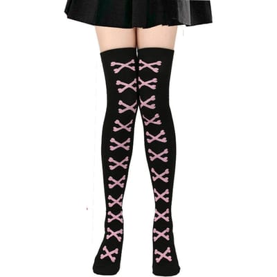 Bas Hauts pour Femmes Motif Os Croisés Chaussettes Hautes Genou pour Dames Halloween Filles One Size beige