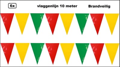 6x PVC Vlaggenlijn rood/geel/groen 10 meter - BRANDVERTRAGEND - Carnaval thema feest festival evenement