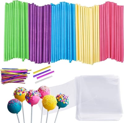 Popcake set met 100 kleurrijke stokjes, snoepzakjes en twist-tips