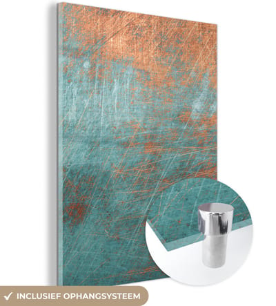 MuchoWow® Glasschilderij 120x160 cm - Schilderij acrylglas - Metaal - Roest - Brons - Blauw - Abstract - Structuur - Foto op glas - Schilderijen
