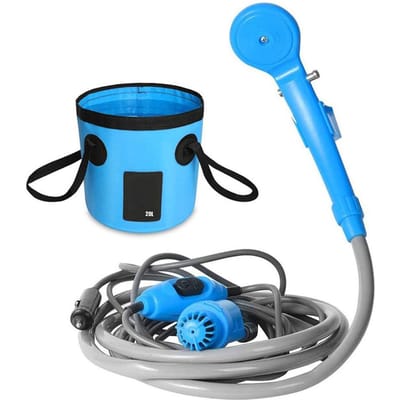 Draagbare kampeerdouche, buitendouchepomp van 12 V met opvouwbare emmer van 20 liter voor kamperen en wandelen