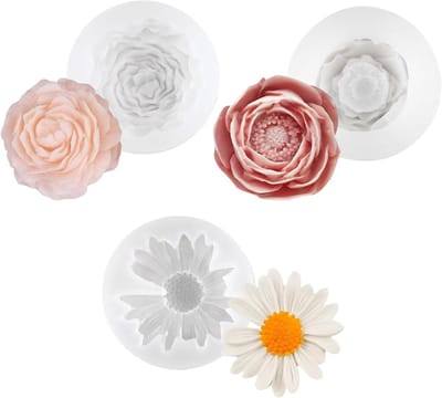 3D Silicone Gietmallen voor Kaarsen - Set van 3 Bloemvormen (Pioenroos, Roos, Chrysant) voor DIY Kaarsen, Zeep en Gips Creaties