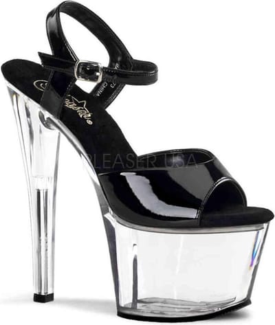 Pleaser - SKY-309 Sandaal met enkelband, Paaldans schoenen - Paaldans schoenen - 35 Shoes - Zwart/Transparant