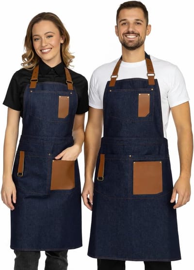 Gerard Kookschort voor heren en dames, barbecueschort, keukenschort met zakken en eco-leer, verstelbaar schort voor barista, kok, gastronomie en grill