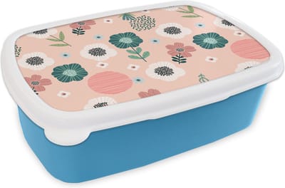 Broodtrommel Blauw - Lunchbox - Brooddoos - Patronen - Bloemen - Planten - 18x12x6 cm - Kinderen - Jongen