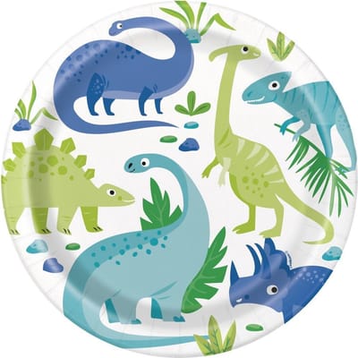 Kartonnen bordjes dinosaurussen blauw en groen 22cm - 8 stuks - Unique