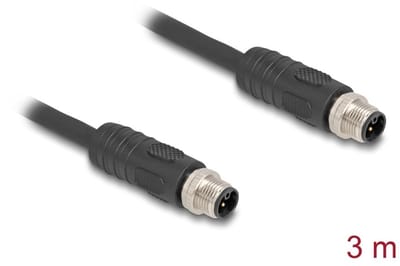 Delock M12 Cable L-coded 4 pin male to male PUR suitable for drag chains 3 m black