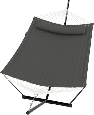 Hangmat met Standaard - 2-Persoons Hangmat - Inclusief Kussen en Balanstouw - Belastbaar tot 205 kg - Dubbele Hangmat voor Buiten - Tuin & Terras - Donkergrijs