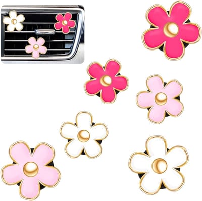 Set van 6 Daisy Flower Luchtventilatie Clips voor Auto - Luchtverfrisser, Dashboard Accessoires en Interieur Decoratie (3cm, 3.2cm, Rood, Roze, Wit)