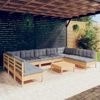 vidaXL - 10-delige - Loungeset - met - grijze - kussens - massief - grenenhout