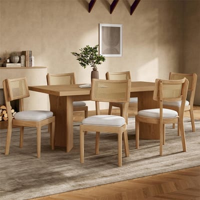 YEHTOKHOME Set van 6 Eetkamerstoelen - Gestoffeerde Keukenstoelen met massief hout poten - Rotan rugleuningen - Fluweel zitting - Ergonomische eettafelstoelen - Moderne stijl - Houtkleur