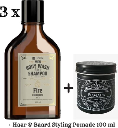HiSkin Fire Energizing 3in1 Shampoo Mannen - Haar shampoo - Douchegel en Baardshampoo - Voor Gezonde Verzorgde Zachte Haren - Nu Met 30 ml Pomade - 3 x 330 ml