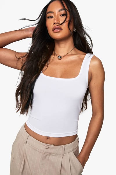 boohoo Dames Premium superzachte vest met brede bandjes en vierkante hals | Wit | Maat: 34