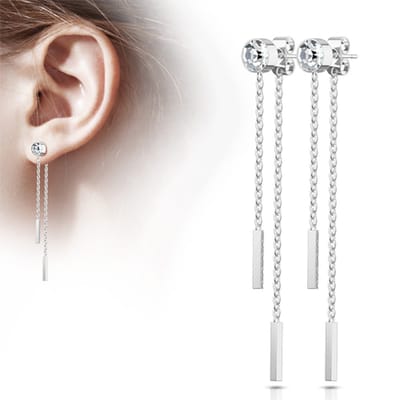 Oorbellen stud met vrij hangende dubbele ketting balkje - zilver - LMPiercings