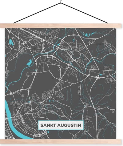 Posterhanger incl. Poster 40x40 cm - Schoolplaat - Stadskaart – Plattegrond – Duitsland – Blauw – Sankt Augustin – Kaart - Textielposter - Blanke latten - Stadskaart