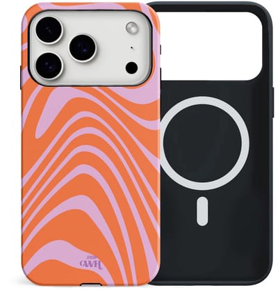 xoxo Wildhearts siliconen hoesje geschikt voor iPhone 17 Pro MagSafe hoesje - Boogie Wonderland Orange - Double Layer - Magnetisch telefoonhoesje - Magneet case - Backcover met dubbele beschermlaag - Golvenprint - Golvend patroon - Oranje