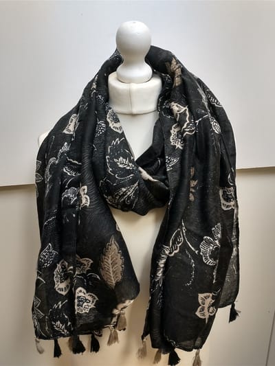 Lange dames sjaal Friede gebloemd motief zwart taupe wit beige bruin