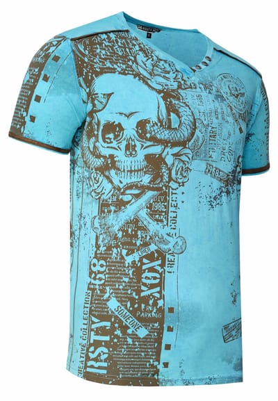 T-shirt met V-hals en all-over skull- en slangprint en suède details