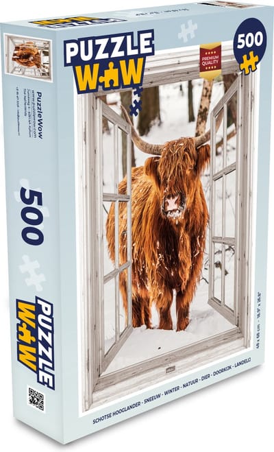 Puzzel Schotse Hooglander - Sneeuw - Winter - Natuur - Dier - Doorkijk - Landelijk - Legpuzzel - Puzzel 500 stukjes
