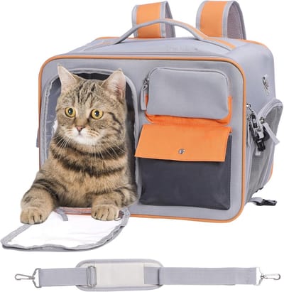Kattenreismand Rugzak - Ideaal voor Vliegtuigen - 40 x 30 x 25 cm - Tot 7,5 kg - Draagbare Reistas voor Katten en Kleine Honden - Grijs en Oranje
