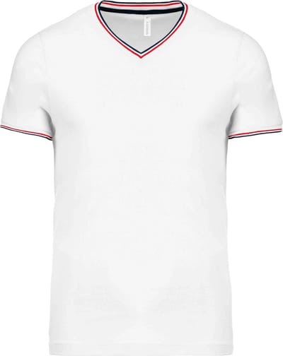 Wit t-shirt met blauw-rood streepje bij kraag en mouw V-hals merk Kariban maat XL