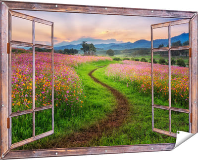 Gards Tuinposter Doorkijk Kosmos Bloemenveld met een Pad - Bloemen - 180x120 cm - Tuindoek - Tuindecoratie - Wanddecoratie buiten - Tuinschilderij