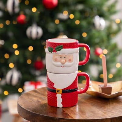 Set van 2 stapelbare mokken met kerstman, H 17,6 cm, keramiek
