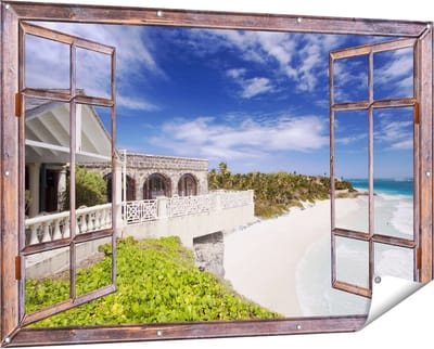 Gards Tuinposter Doorkijk Het Strandhuis - 150x100 cm - Tuindoek - Tuindecoratie - Wanddecoratie buiten - Tuinschilderij