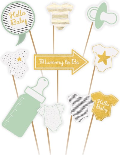 Amscan Babyshower foto prop set - 10x - groen/goud - rompertje/flesje - photo booth accessoires