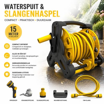 Tuinslanghaspel / Waterpistoolset / Slangwagen – 15m vorstbestendige slang + 2m aansluitslang – Met 4 snelkoppelingen, straalpijp & sproeikop – Voor tuin, auto, terras & planten – Incl. handleiding