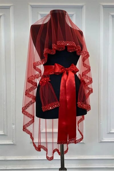 DFA Luxe 3-Delige Duvak Set - Sluier, Riem en Handschoenen - Henna & Bruiloft Accessoires - Rood