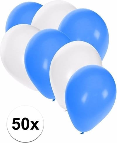 Party ballonnen kleuren mix set - 50x stuks - Ballonnen - blauw en wit - knoopballonnen - 27 cm