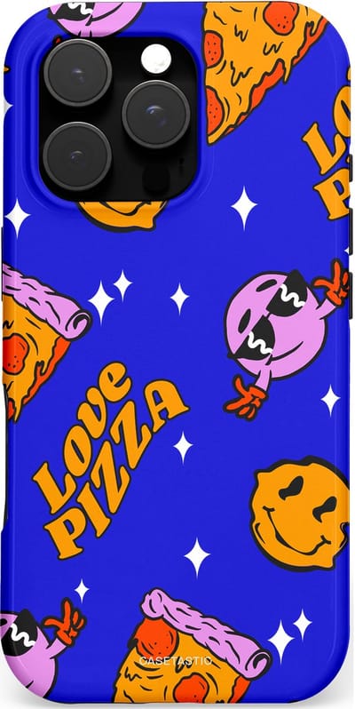 Casetastic hoesje geschikt voor Apple iPhone 16 Pro - MagSafe - Dubbellaagse bescherming - Funky Pizza - Fashion Case - Paars Okergeel Donkerblauw Bruin