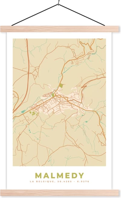 Posterhanger incl. Poster 40x60 cm - Schoolplaat - Plattegrond - Kaart - België - Malmedy - Stadskaart - Textielposter - Blanke latten - Stadskaart