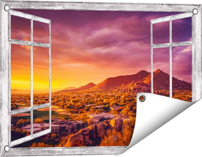 Gards Tuinposter Doorkijk Woestijn Landschap met Zonsondergang - 60x40 cm - Tuindoek - Tuindecoratie - Wanddecoratie buiten - Tuinschilderij